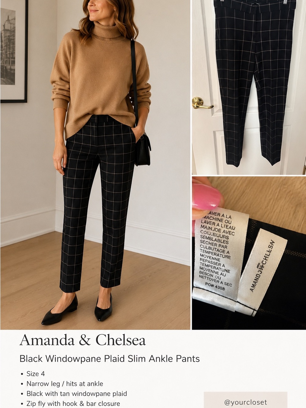 Amanda & Chelsea Black Windowpane Ankle Pants with Tan Grid